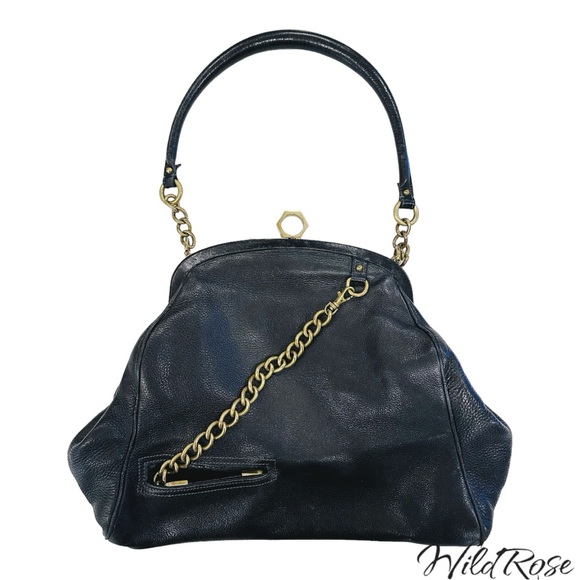 ZAC POSEN BLACK “ALEXIA” LEATHER SATCHEL BAG GOLD TONE HARDWARE - Picture 3 of 17